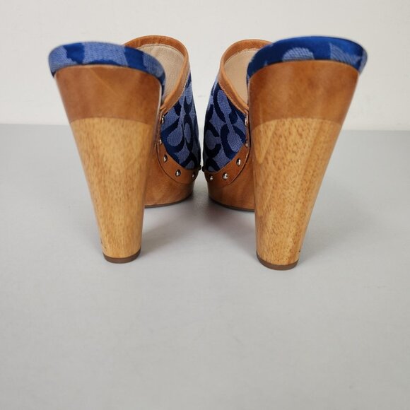 Coach Bacall Clog Shoes Womens Size 7.5 Blue Signature Canvas Wood Heel Platform - Picture 4 of 10